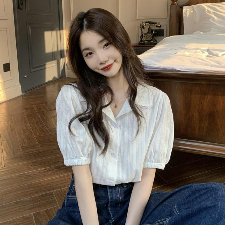 Sale Blouse Wanita Korea Vintage Elegan Kemeja Katun Putih Lengan Pendek Kerah Boneka Renda Blus