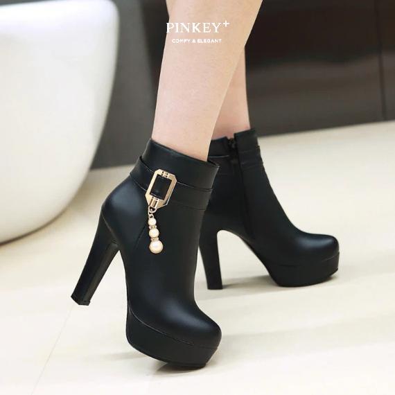 kualitas super pinkey p115 boots wanita heels 11cm chunky platform black / beige / pink (size 3842)