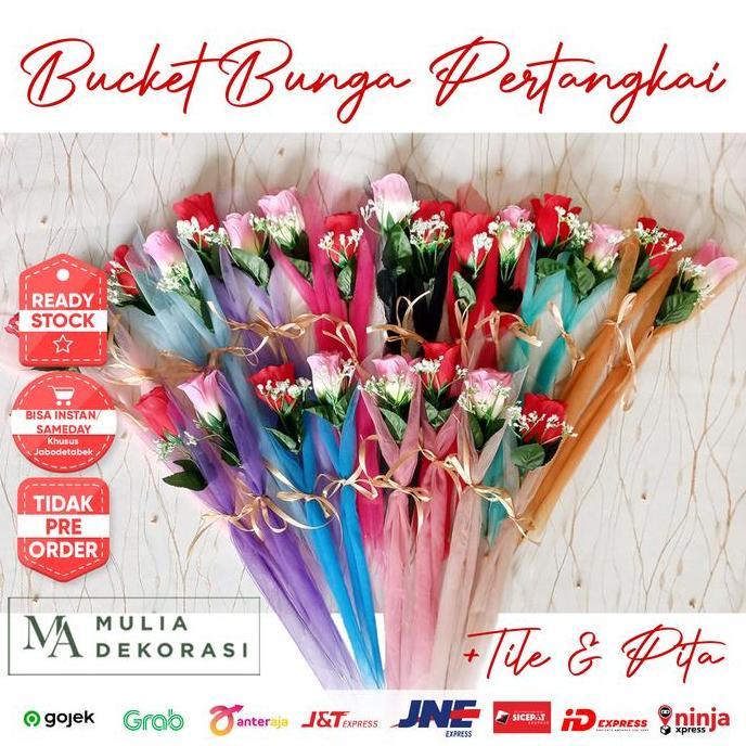 Bucket Bunga Mawar Per 1 tangkai Aksesoris Lengkap Dengan Kain Tile