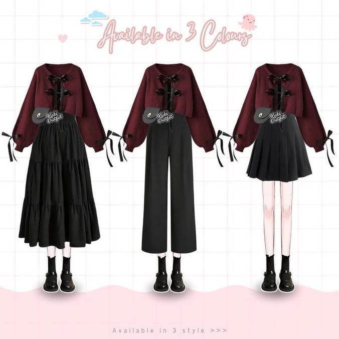KUKI OUTFIT - Fairy 1 Set Outfit Wanita (Cardigan Pita, Rok, Celana, Hijab) Douyin Outfit Set Maroon