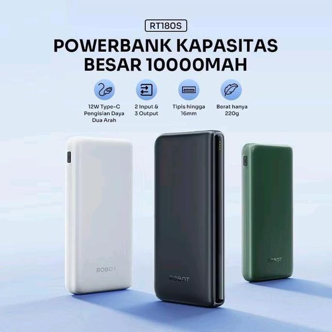 ROBOT Powerbank RT180S 10000 mAh 3 Output Dual Input Type C Power Delivery 12W Garansi Resmi 1 Tahun