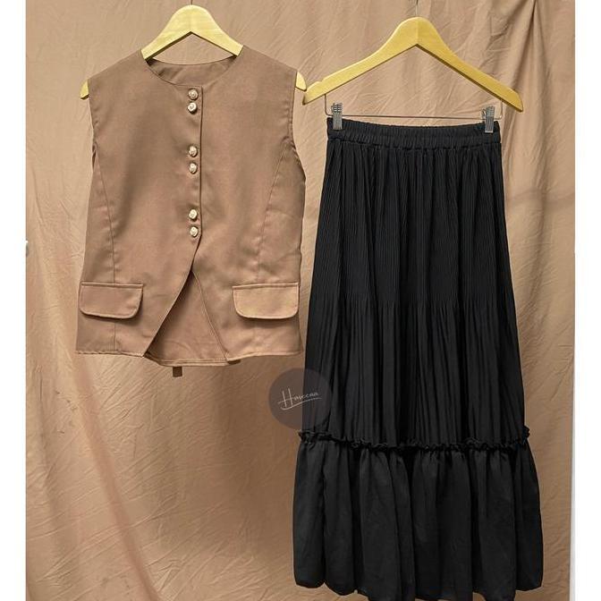 Haseena One Set Wanita Asheeqa Setelan Outer Vest Sleeveless Basic Rok Plisket Susun  Skirt Ruffle C