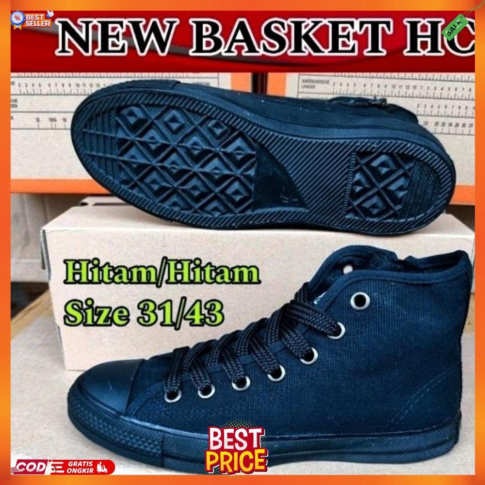 SEPATU SEKOLAH KERJA KULIAH PRIA WANITA HITAM POLOS NEW BASKET HC TINGGI TALI SIZE 31 SD 42 ORIGINAL