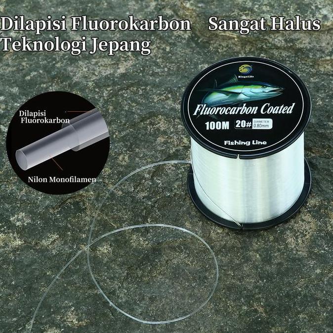 Bingolife Senar Pancing Fluorocarbon Coated 100m Ikan Besar Tali Pancing Nilon Mudah Tenggelam Kuat 