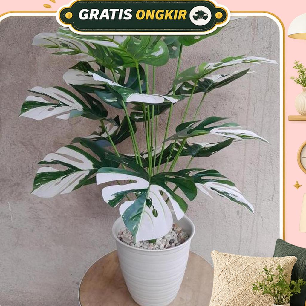 Tanaman Palsu Monstera Variegata 18 Cabang(Sudah Termasuk Pot) Plastik Bunga