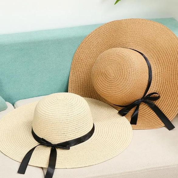 Topi Pantai Wanita Pinggiran Lebar / Topi Pantai Jerami Pita Polos / Premium Import / Korean Style
