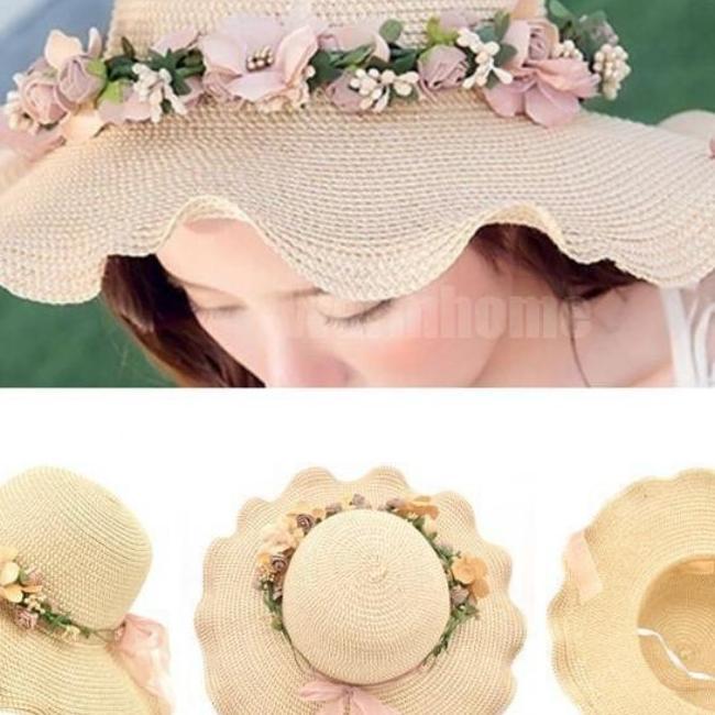 Cod Topi Rajut Topi Pantai Wanita Motif Bunga Topi Rajut Lidi Gelombang Bunga