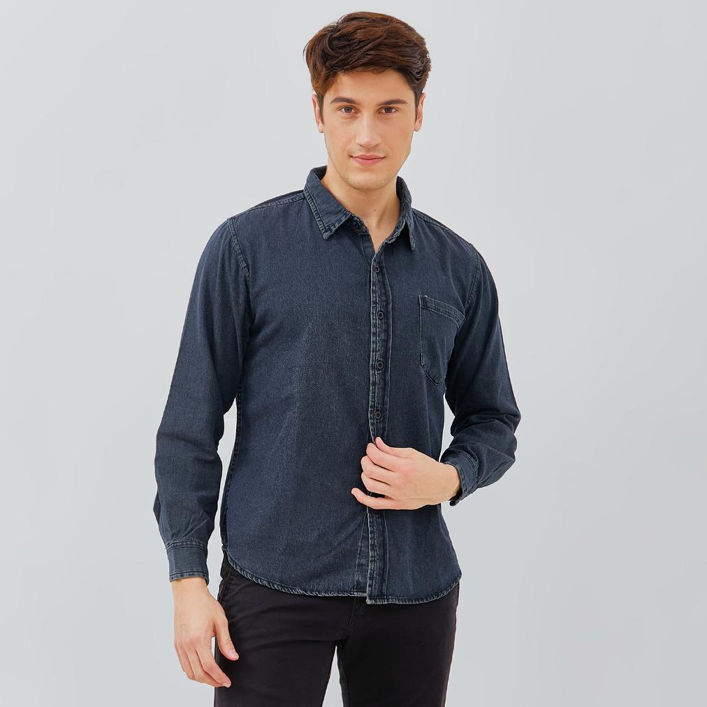 Diskon Hillboss Kemeja Jeans Lengan Panjang Pria Biru Tua Casie  - Casual Denim Shirt Old Navy Blue 