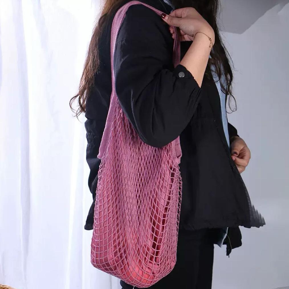 Tas Belanja Premium Jaring Lapisan Furing Kain Dalam Tali Panjang Katun Cotton Mesh Bag Reuseable Ne