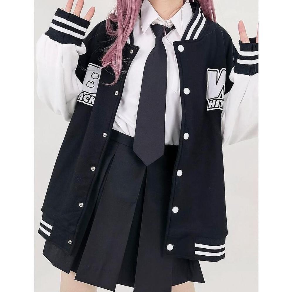 Diskon Black White Baseball Jaket Varsity Wanita | Varsity Jaket Korean Style | Baseball Jaket