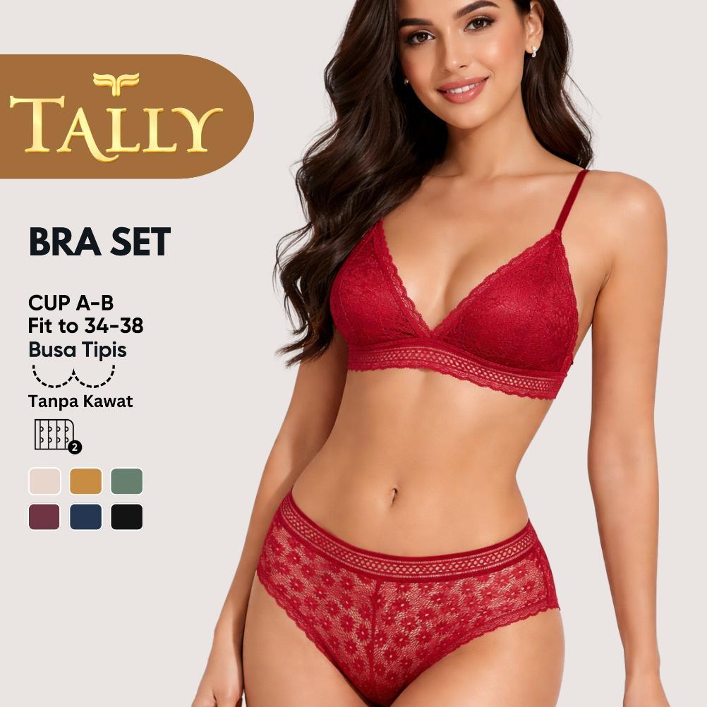 Official Tally Bra Set Tanpa Kawat Busa Tipis Bahan Brokat Cup A - B Kait 2 Bra Transparan Bh 7338 S