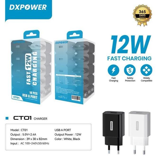 DXPOWER CT01 Charger Travel 10PCS 1 USB 2.4A Original Hitam Putih Input AC 100-240V Output 5V 2.4A M