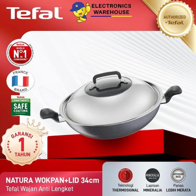 Tefal Wajan Kuali Penggorengan Anti Lengket Natura Wokpan 34cm + Lid