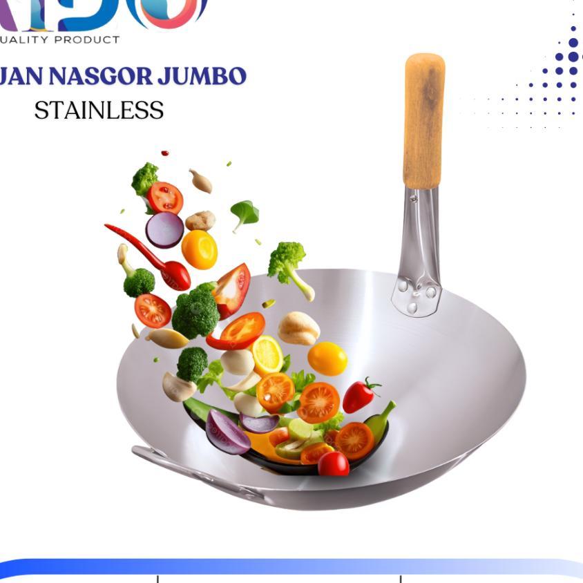 Wajan Nasi Goreng Stainless Steel  Wajan Penggorengan Gagang Kayu Wajan Resto Chinese Food Jumbo
