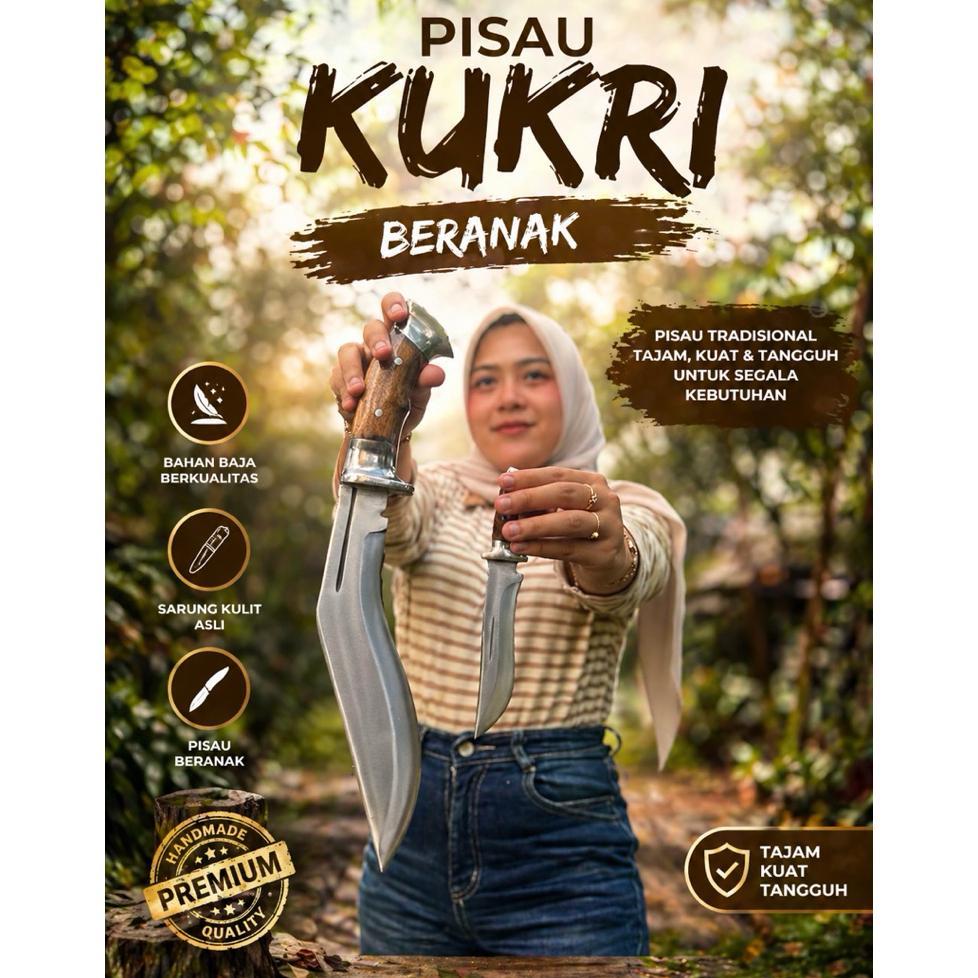 Pisau Kukri Beranak Survival Multifungsi // Bahan Bajaper Pb 25Cm Sudah Satu Set Dgn Pisau Ciliknya 