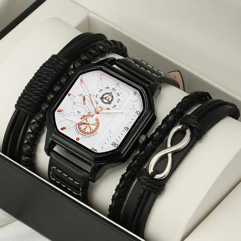 En Ligne - 6Pcs/ Set -  Jam Tangan Kasual Pria Quartz Tali Kulit Set Gelang El1299