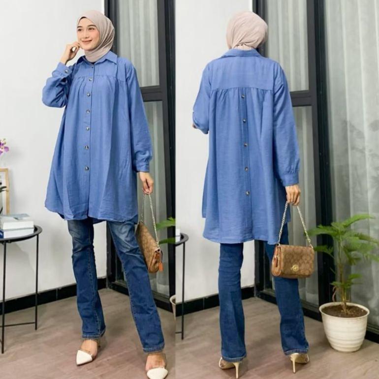 Murah Zela Tunik Polos Polo Linen Kancing Depan Belakang Tunik Pololinen Busui