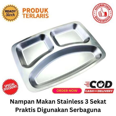 Terlaris [Bisa Cod] Promo Nampan Makan Stainless 3 Sekat Praktis Digunakan Serbaguna Mesh Tray Nampa