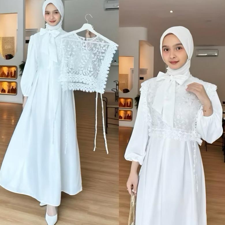 GARANSI GAMIS PUTIH DENGAN RENDA DAN BORDIR MODEL SYAKILA TERBARU PESTA MUSLIMAH KONDANGAN