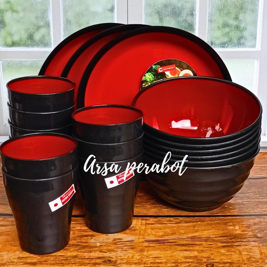 FAVORIT 12PCS RAMEN SEAT GRATIS SENDOK ISI 4PIRING 4MANGKUK 4 GELAS RAMEN HITAM MERAH SUPER MEWAH