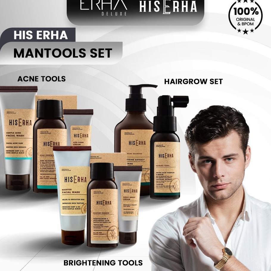 His Erha Skincare Pria Mantools Set - Rangkaian Untuk Kulit Berjerawat Mencerahkan Dan Rambut Rontok