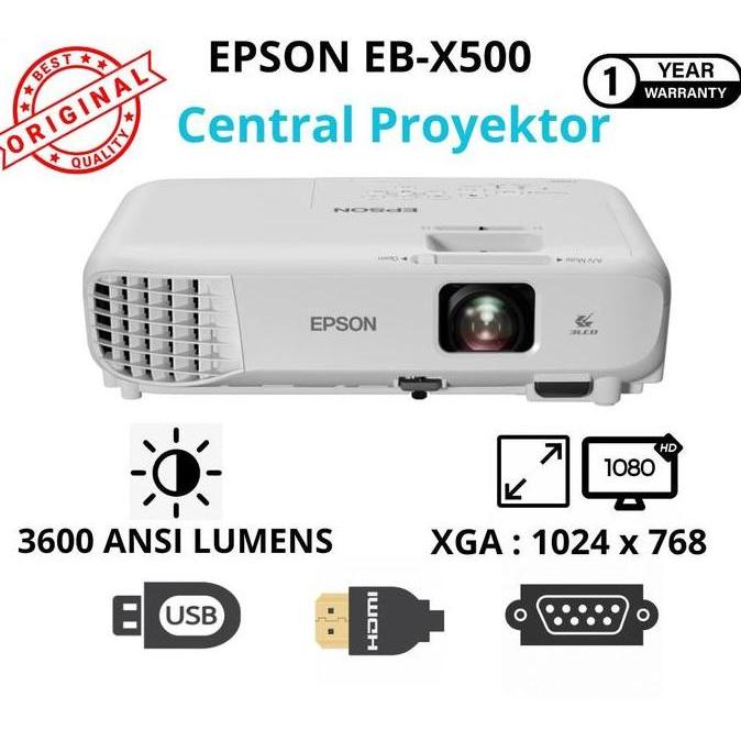 Epson Proyektor EB-X500 3LCD 3600 Lumens Resolusi XGA 1024x768 Kecerahan 3600 ANSI Lumens Garansi 1 