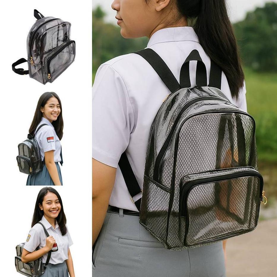 Ransel Mika Transparan | Grosir Tas Transparan Bening Kerja + Furing Jaring Jala - Tas Pvc Konser