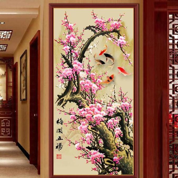 DIY Diamond Painting Full Bunga Plum mekar dan ikan 120x60cm D5B / D5