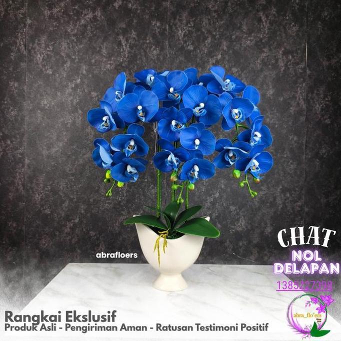 Abra Flo'ers - Artificial Plant - Rangkaian Bunga Anggrek Latex Premium - Pot Keramik - 3 Tangkai - 