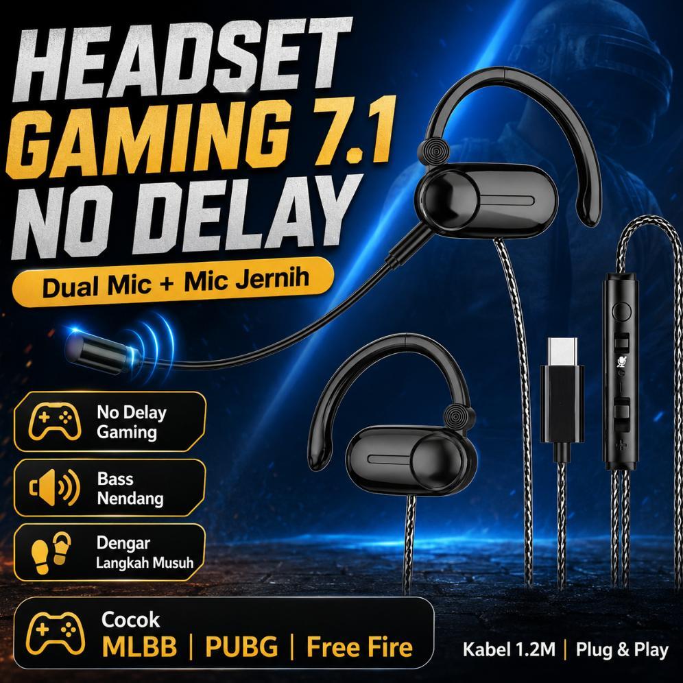 NEW PROMO Headset Kabel Gaming Type C | 7.1 Surround Sound + Super Heavy Bass Earphone Open Ear| Dua