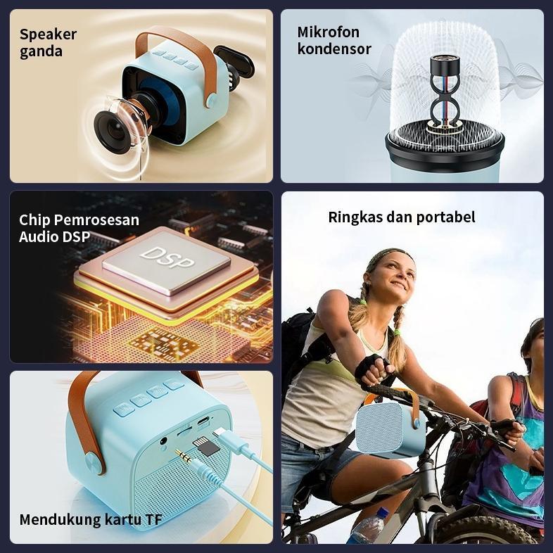 pengiriman cepat Mini karoke Speaker Bluetooth 2 mic / Mini karoke Speaker Bluetooth Portabel Penuh 