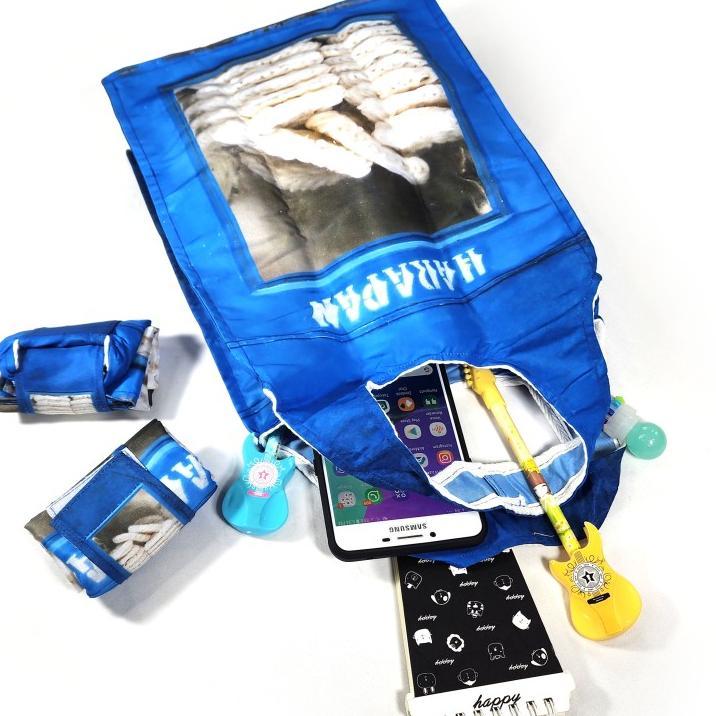 Tas Belanja Mini Shopping Bag Roll Murah Kaleng Kerupuk Taslan Biru Kado Unik Lucu Ramah Lingkungan