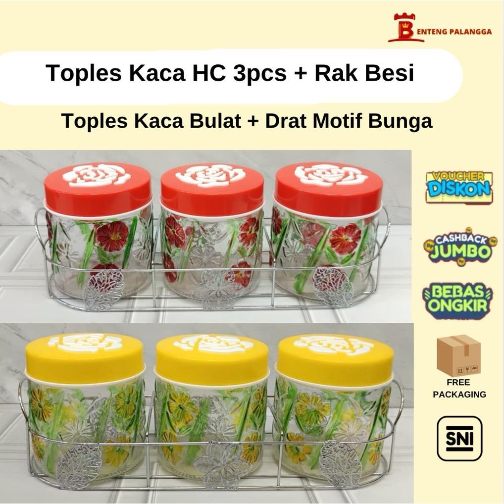 Toples Set Kaca 3 Pcs Hc+ Rak Besi/Toples Lebaran Toples Natal Motif Bunga