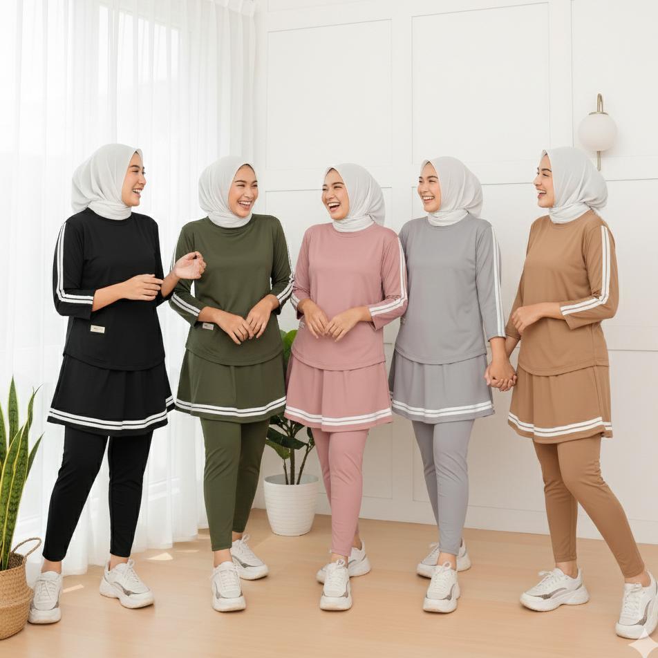 pengiriman cepat Setelan Baju Olahraga Wanita Muslim Terbaru Leging Rok Skirt Nyaman & Stylish Senam