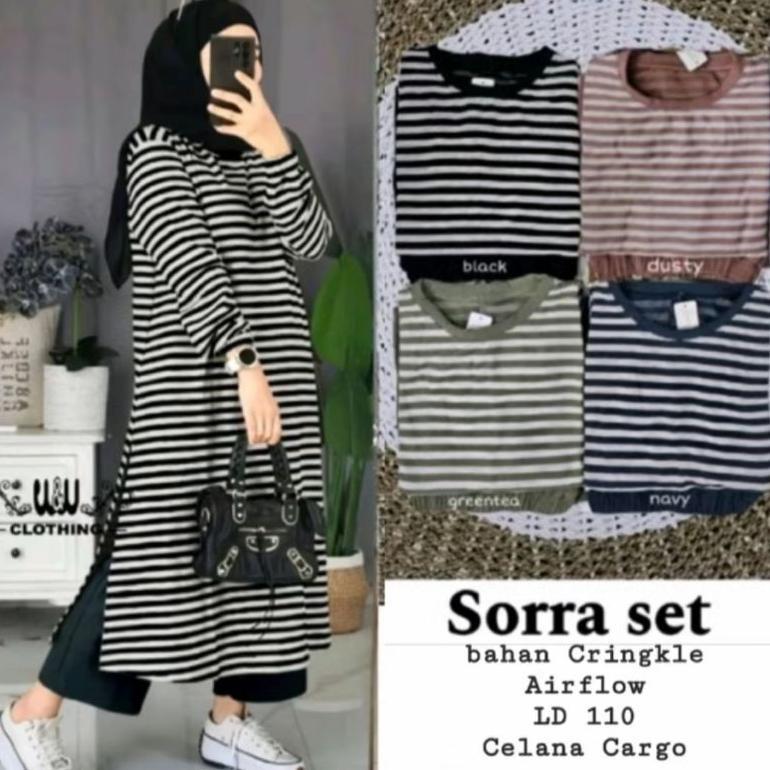 VALUE PACK SORRA SET TUNIK WANITA MOTIF SALUR BAHAN CRINGKLE AIRFLOW LENGAN PANJANG LONG TUNIK SETEL