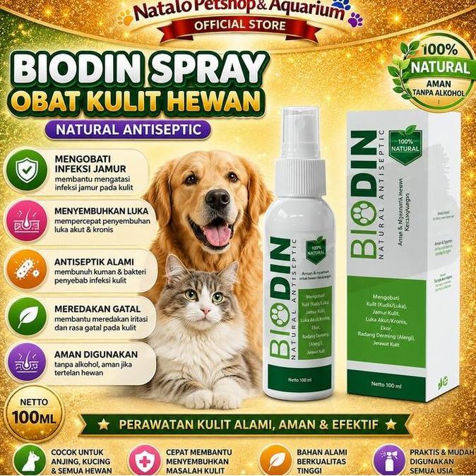 Biodin Spray 100ML / Obat Kulit Semprot Hewan / Jamur / Borok / Luka / Kucing / Anjing
