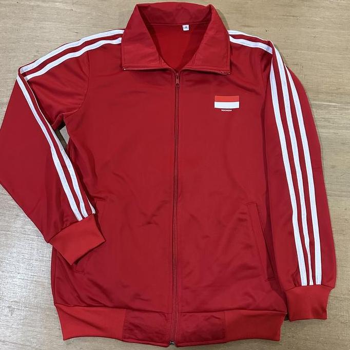 Jaket Olahraga Merah Strip Putih Logo Bendera Indonesia