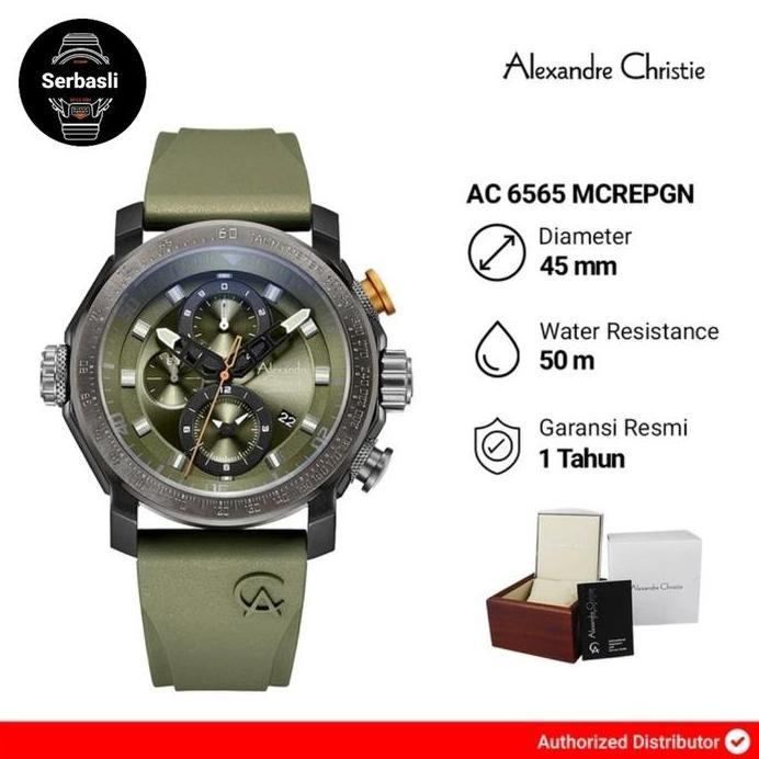 Jam Tangan Pria Alexandre Christie Chronograph AC 6565 MCREPGN Black Dial Green Rubber Strap