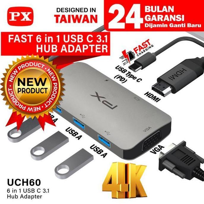 PX UCH60 HUB CONVERTER USB TYPE C 3.1 TO HDMI 4K VGA USB 6 IN 1
