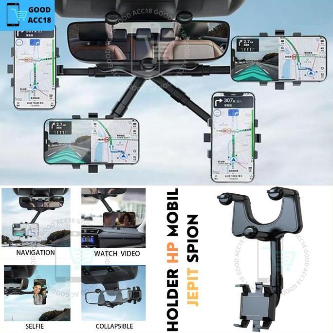 Holder HP Mobil NB59 Fleksibel | Jepit Kaca Spion Tengah + Bracket Anti Goyang