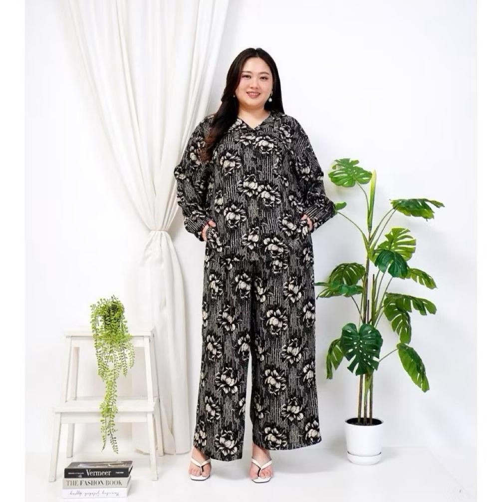 HOT PRODUCT ONE SET WANITA RAYON LD 140 CM MOTIF LENGAN PANJANG SETELAN PIYAMA JUMBO KEKINIAN