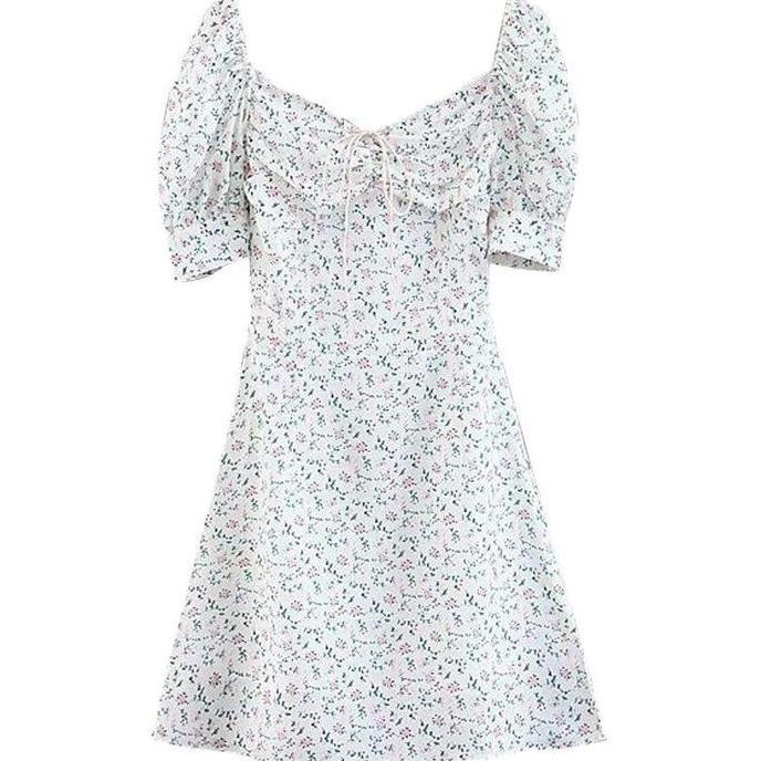 Amiera DR392 Korean Mini Dress Motif Bunga Wanita Model Sabrina Polyester Gaun Vintage Dres Pantai C