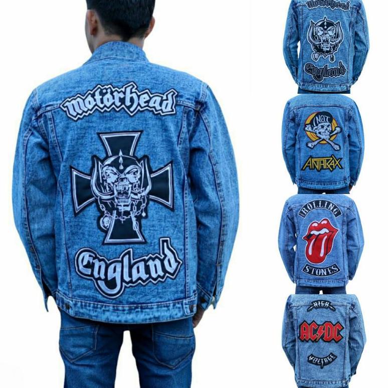 PAKET HEMAT Jaket Jeans Denim Bordir Emblem Pria / Jaket Jeans Bordir Besar  - Sandwash Biru Bordir