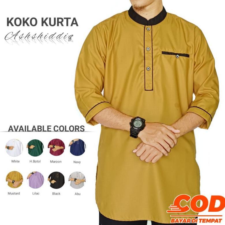 READY STOCK KOKO KURTA ASHSHIDDIQ - BAJU KOKO KURTA PRIA DEWASA LENGAN 3/4 WARNA MUSTARD PUTIH HIJAU