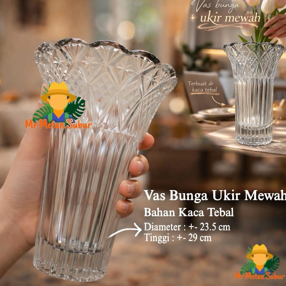 Vas Bunga Ukir Mewah Kaca Tebal | Vas Bunga Kaca Besar Elegan Dekorasi Rumah