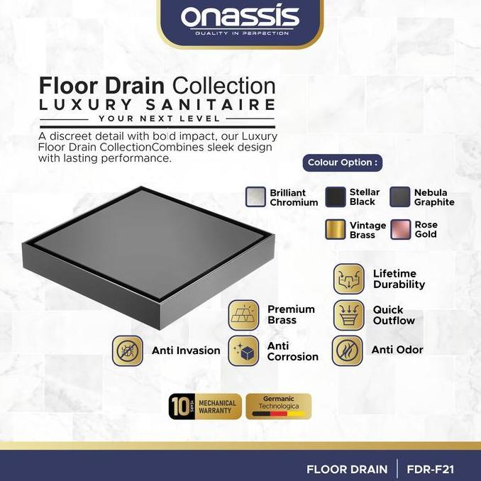 Onassis Floor Drain FDR-F21 Luxury Sanitaire - Premium Brass & Anti Odor | Saringan Kamar Mandi