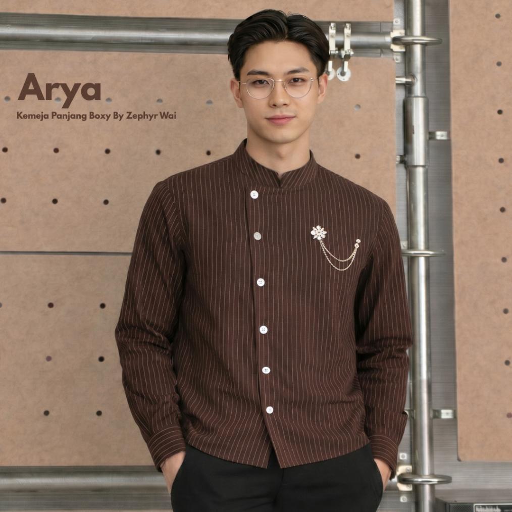 TERBARU ARYA - Beskap koko kemeja boxy lengan panjang moderen baju formal stripe pria raya lebaran u