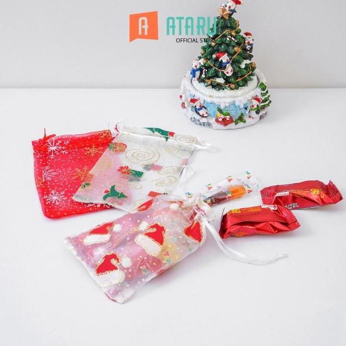(Good) Ataru Set 3 Pcs Kantung Serut Mesh Xmas Drawstring Pouch Pouch Serut Perlengkapan Kado