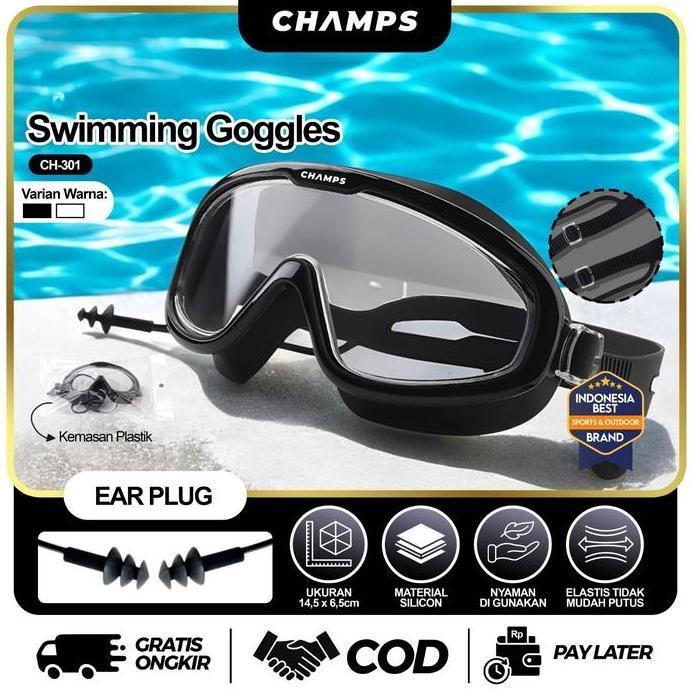CHAMPS Kacamata Renang Dewasa Anti UV CH-301 | Swimming Goggles dengan Ear Plug Built-in | Anti Fog 