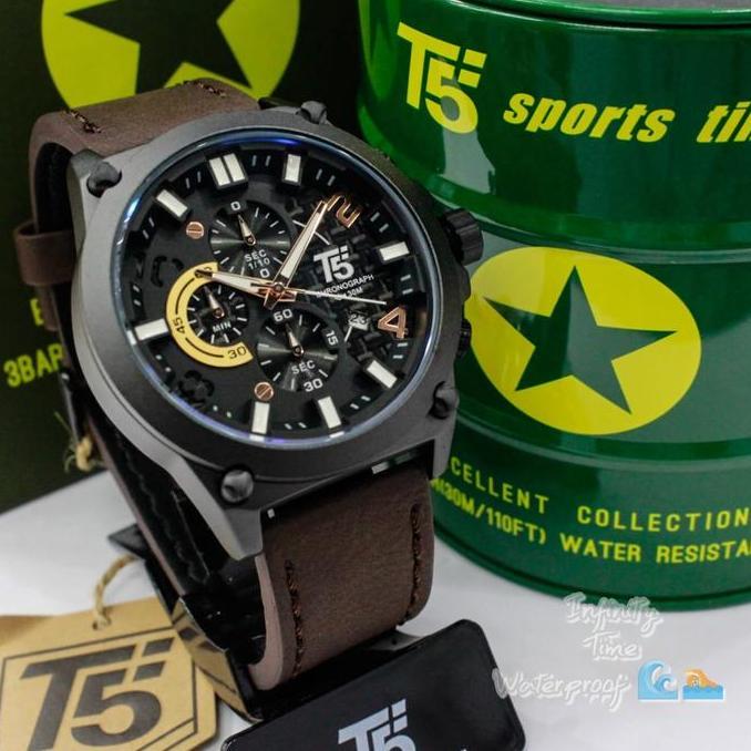 Orologi- Jam Tangan T5 H3479G Pria Analog Chrono Dan Tanggal Aktif Tali Kulit Kualitas Tahan Air